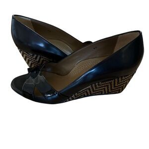 Anyi Lu Women's Black Leather Peep Toe Wedge Heels Size 9.5